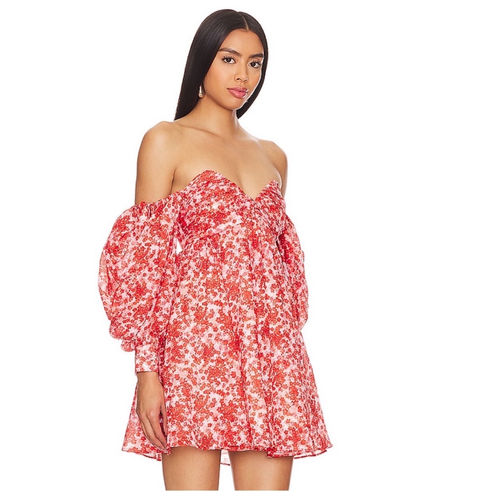 NWT revolve Bardot lani dress. Red ditsy floral. Lined. Back zip. Corset bust.
